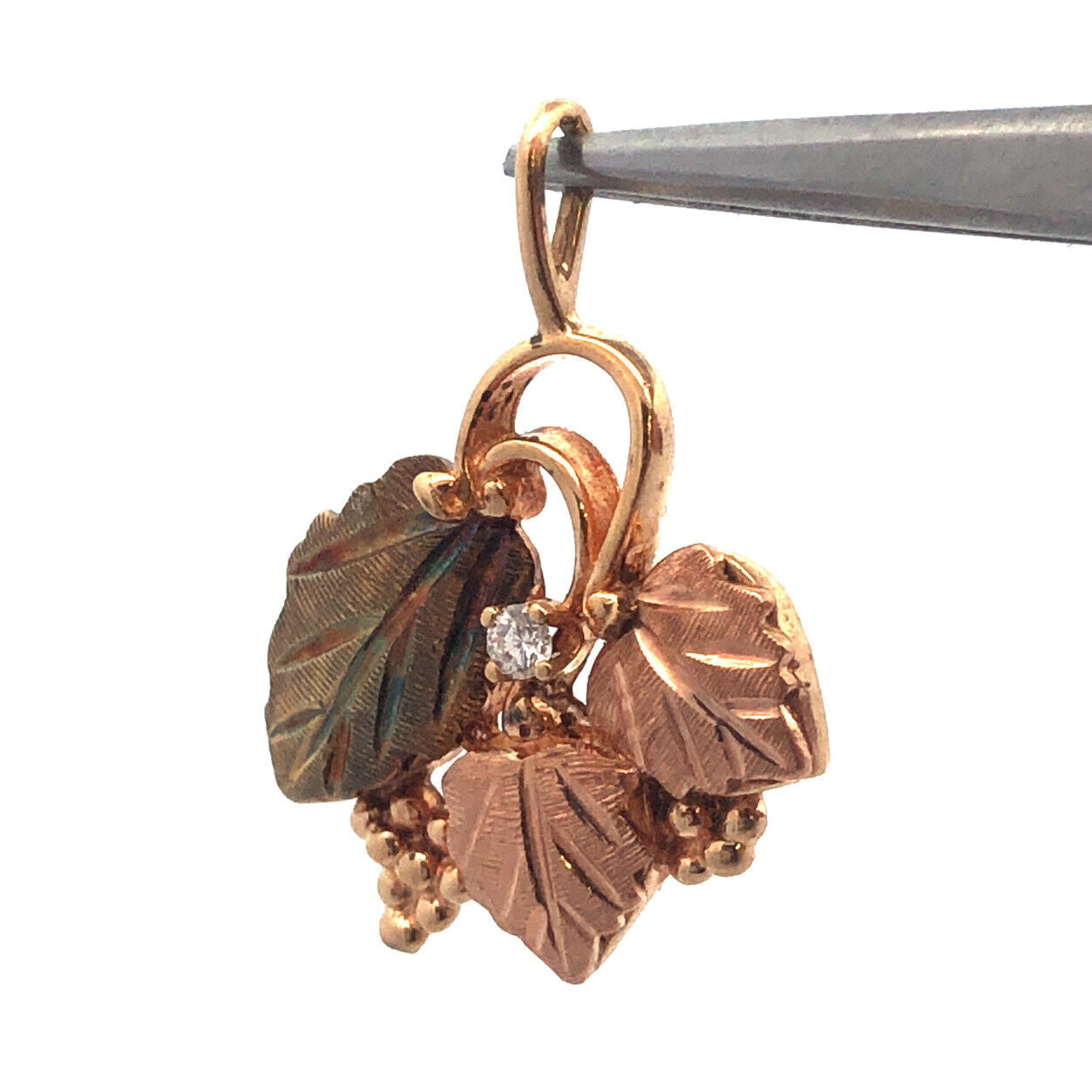 Retro 10K Yellow Rose Gold Two Toned Diamond Vine Grape Leaves Design Pendant