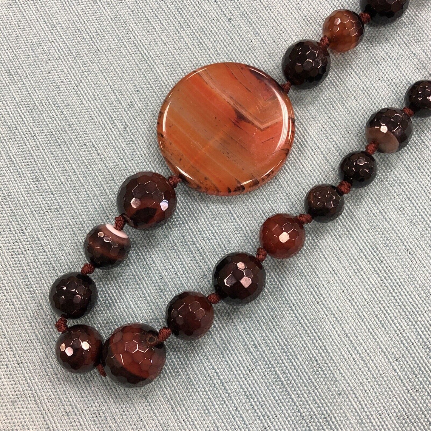 Vintage Designer Hand Knotted Carnelian Obsidian Agate Beaded Statement Necklace