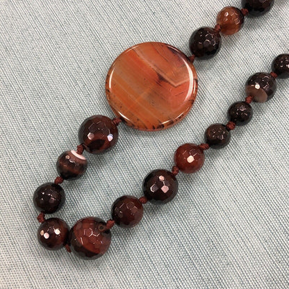 Vintage Designer Hand Knotted Carnelian Obsidian Agate Beaded Statement Necklace