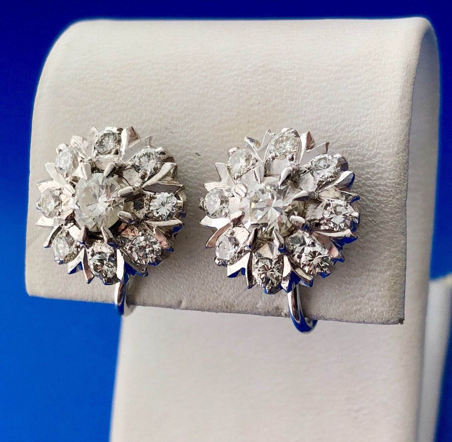 Art Deco Art Nouveau 14K White Gold Diamond Floral Starburst Screw Back Earrings