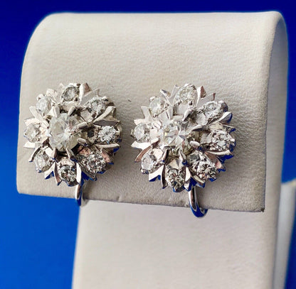 Art Deco Art Nouveau 14K White Gold Diamond Floral Starburst Screw Back Earrings