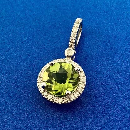 14k White Gold Peridot Pendant Diamond Halo Accents August Anniversary Pendant