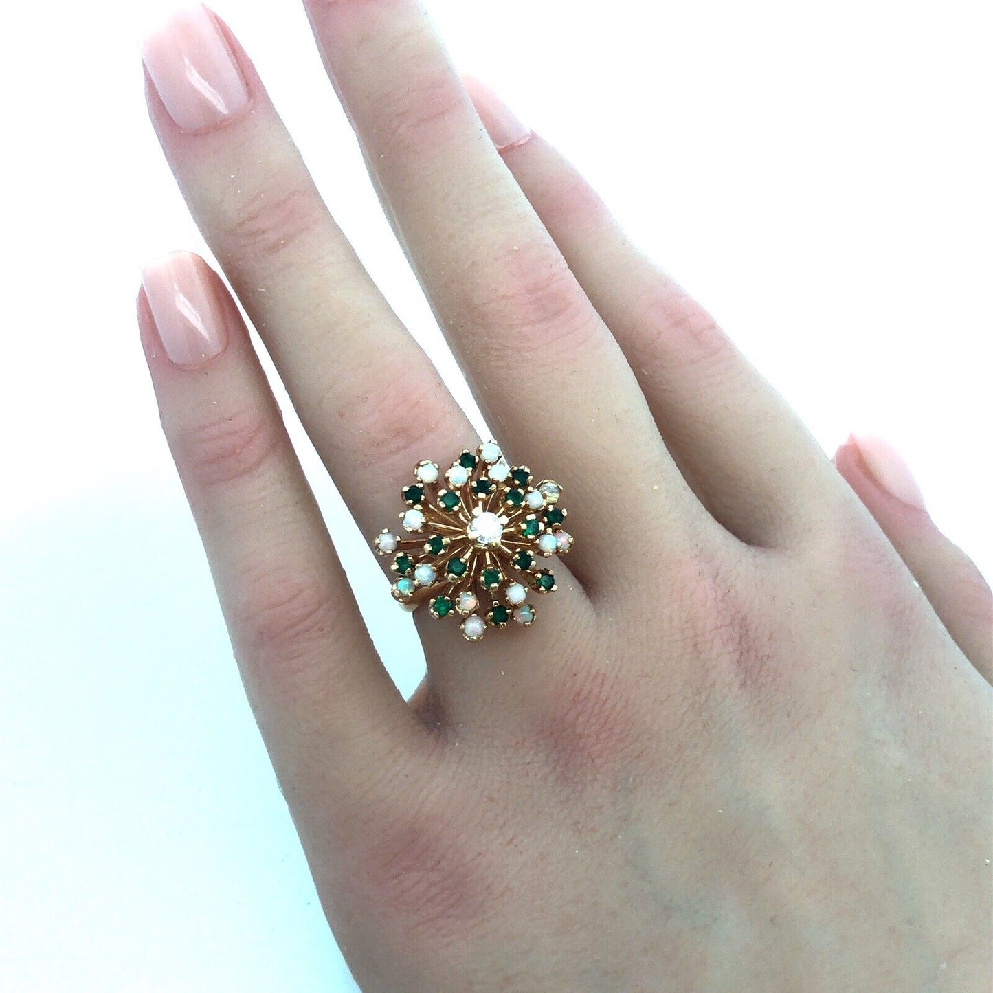 Gorgeous 14k Yellow Gold Diamond Emerald Opal Flower Cluster Ring Size 5.25