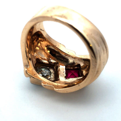 Art Deco 14K Yellow Gold Princess Ruby Round Diamond Statement Cocktail Ring