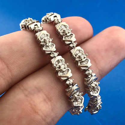 Vintage WGD 14K White Gold Diamond Panel Round Baguette Tennis Bracelet