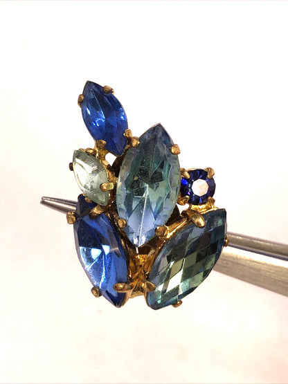 Vintage West Germany Blue Rhinestone Gold Tone Statement Earrings & Brooch Set