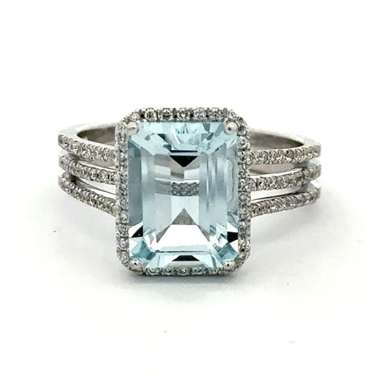 14K White Gold Solitaire Aquamarine Diamond Halo Accented March Anniversary Ring