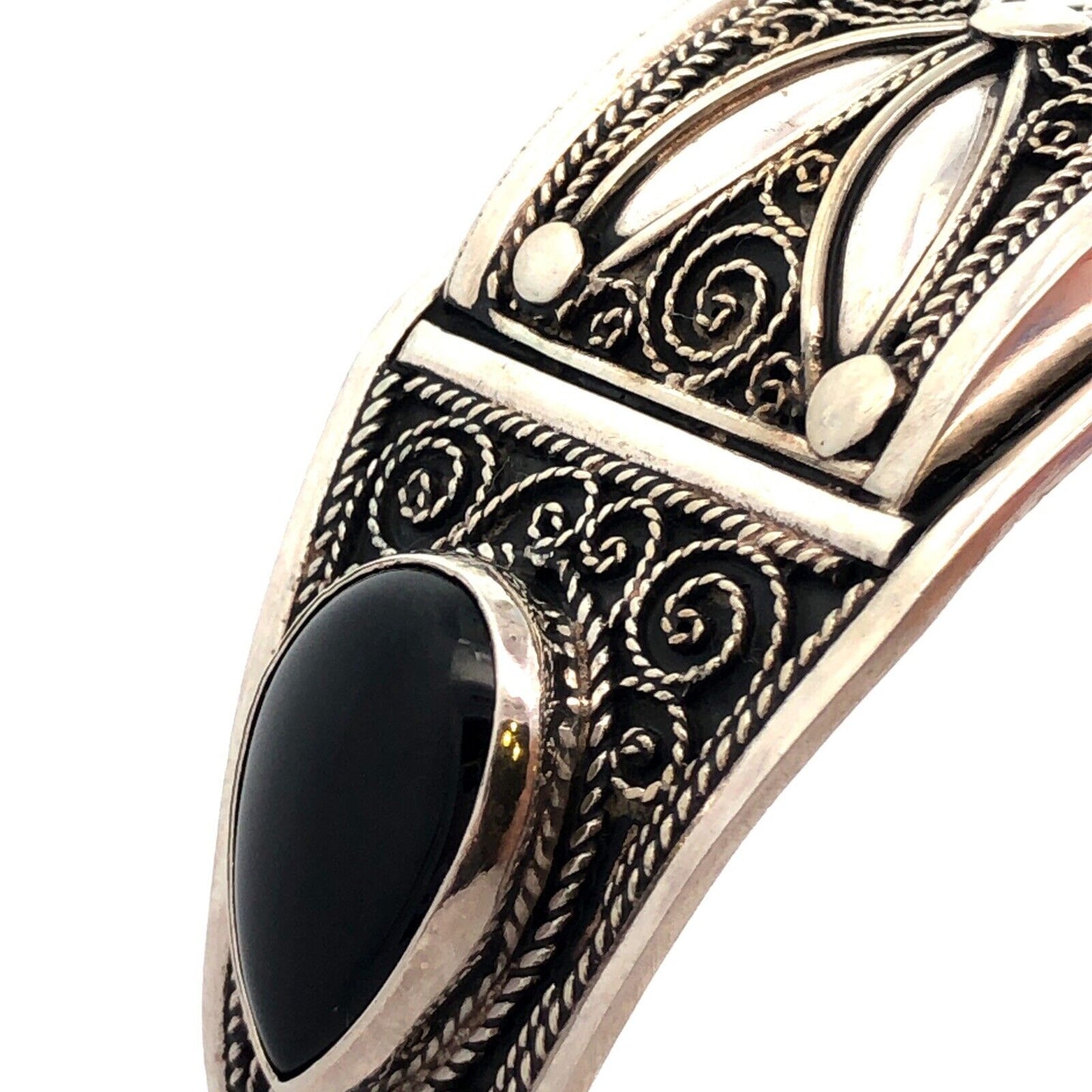Vintage 925 Sterling Silver Black Onyx Filigree Swirl Open Cuff Bracelet