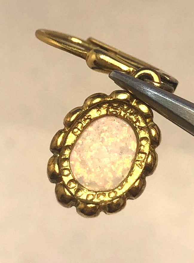 Estate 925 Sterling Silver Vermeil Oval Opal Cabochon Dangle Drop Earrings