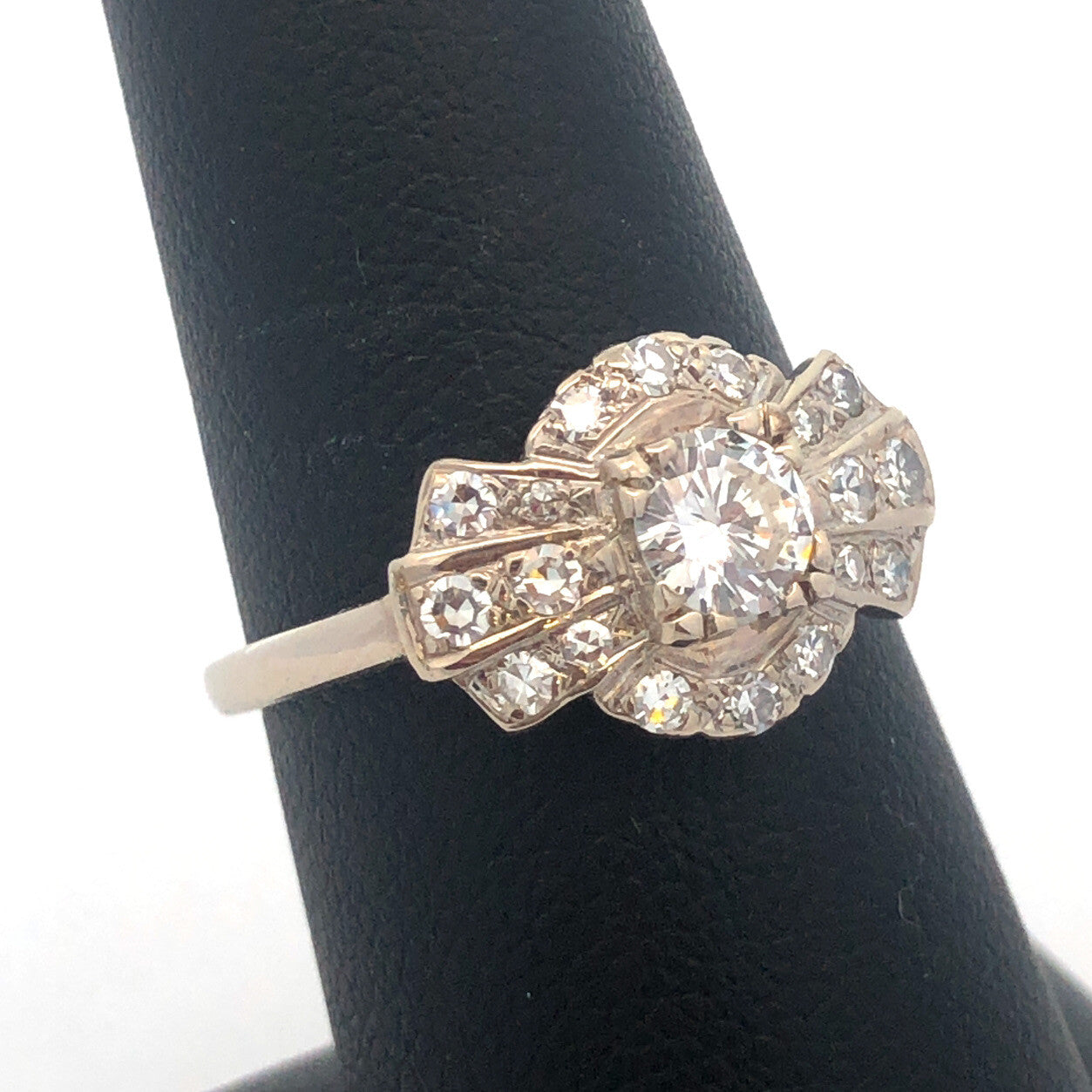 Art Deco 14K White Gold Diamond Solitaire with Accents Wedding Engagement Ring