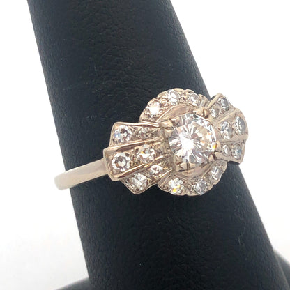 Art Deco 14K White Gold Diamond Solitaire with Accents Wedding Engagement Ring