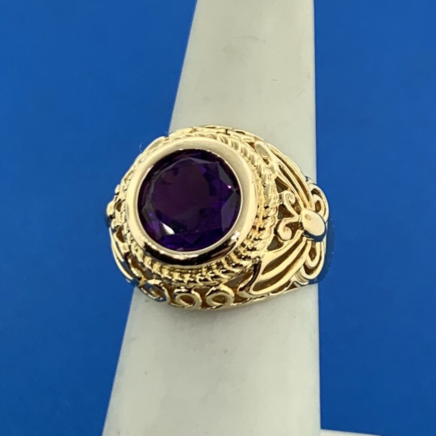 Designer 925 Sterling Silver Vermeil Round Amethyst Butterfly Scroll Ring