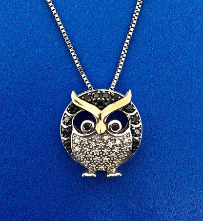 Designer 10K Yellow Gold Sterling Silver Black White Diamond Chubby Owl Necklace