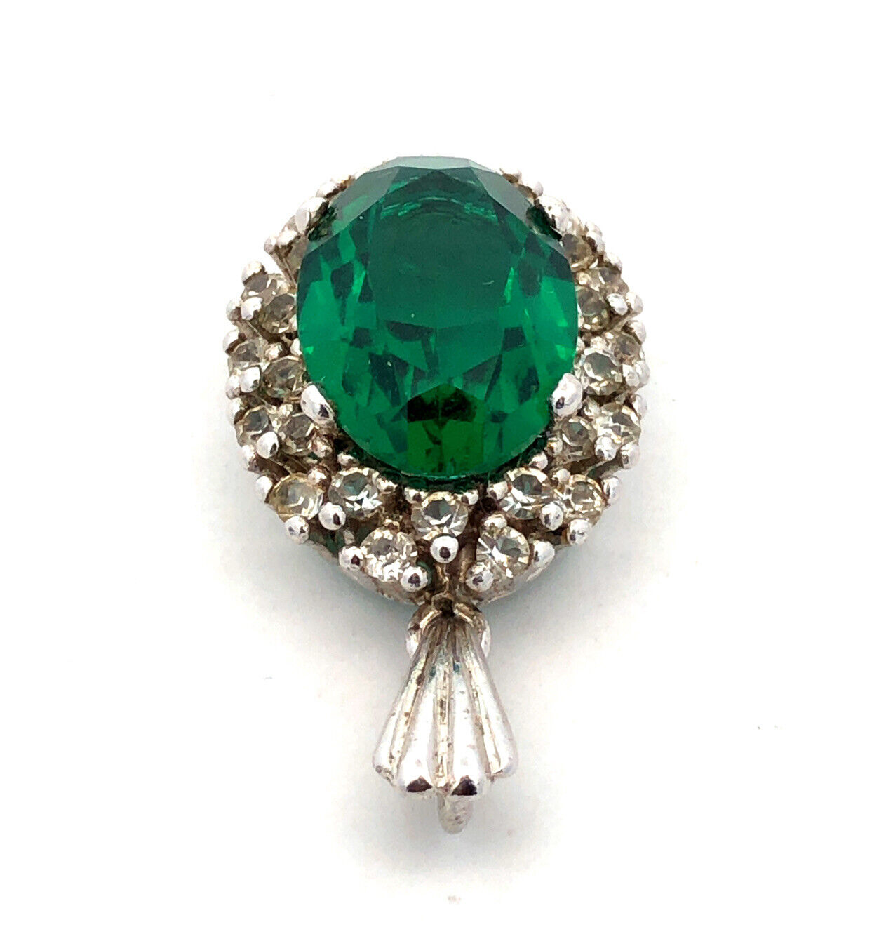 Estate 925 Sterling Silver Oval Green Round White Cubic Zirconia CZ Pendant