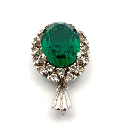 Estate 925 Sterling Silver Oval Green Round White Cubic Zirconia CZ Pendant