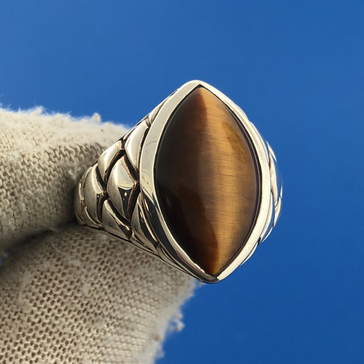 Designer SX Thailand Sterling Silver Marquise Tigers Eye Snakeskin Band Ring