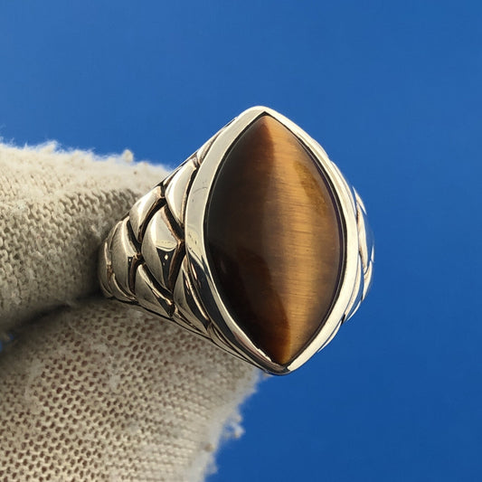 Designer SX Thailand Sterling Silver Marquise Tigers Eye Snakeskin Band Ring