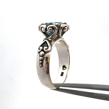 Designer 925 Sterling Silver Round Blue Topaz Solitaire Heart Scroll Ring