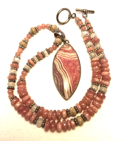 Estate 925 Sterling Silver Rhodochrosite Moonstone Stone Beaded Pendant Necklace