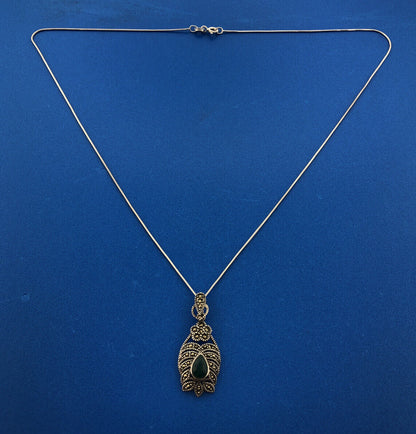 Retro Sterling Silver 925 Marcasite Green Glass Art Deco Style Pendant Necklace