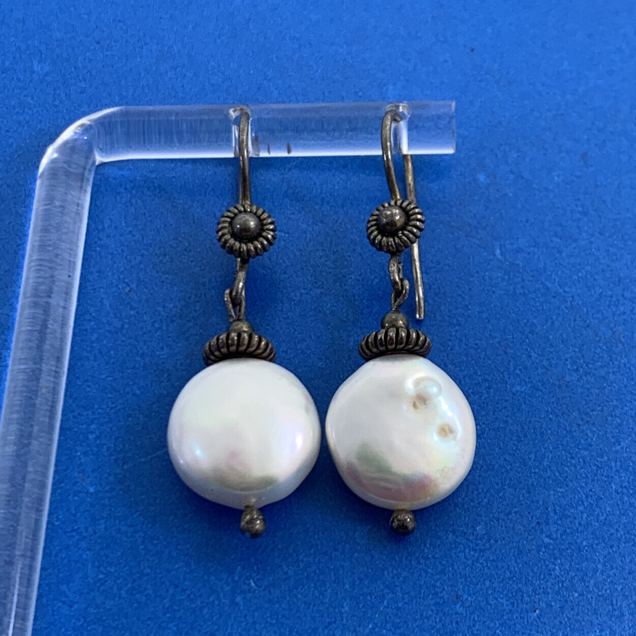 Vintage 925 Sterling Silver Pearl Hook Dangle Drop Earrings