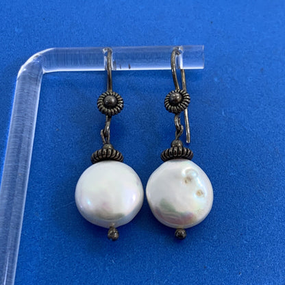 Vintage 925 Sterling Silver Pearl Hook Dangle Drop Earrings