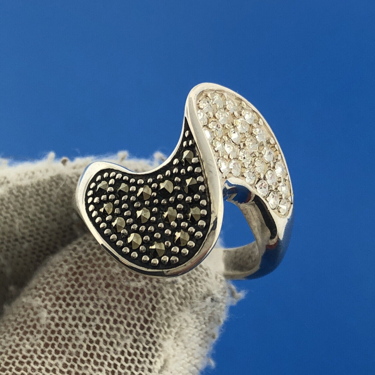 Designer Sterling Silver 925 CZ Marcasite Modernist Statement Cocktail Ring