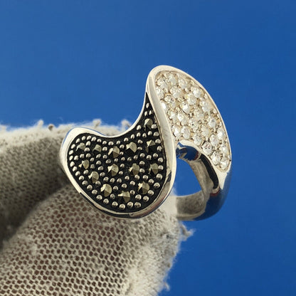 Designer Sterling Silver 925 CZ Marcasite Modernist Statement Cocktail Ring