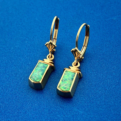 Retro Designer 14K Yellow Gold Rectangle Cabochon Opal Dangle LeverBack Earrings