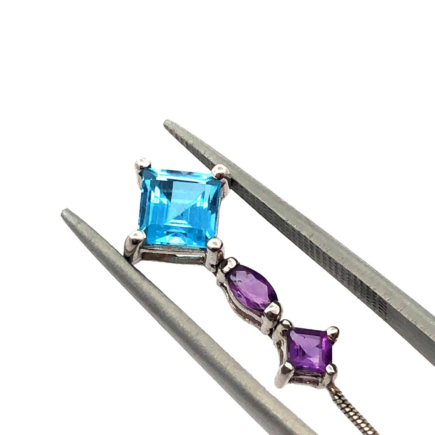 Designer 14K White Gold Blue Topaz and Amethyst Dangle Threader Earrings