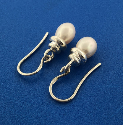 Stunning Sterling Silver 925 Elongated White Pearl Bulb Dangle Hook Earrings