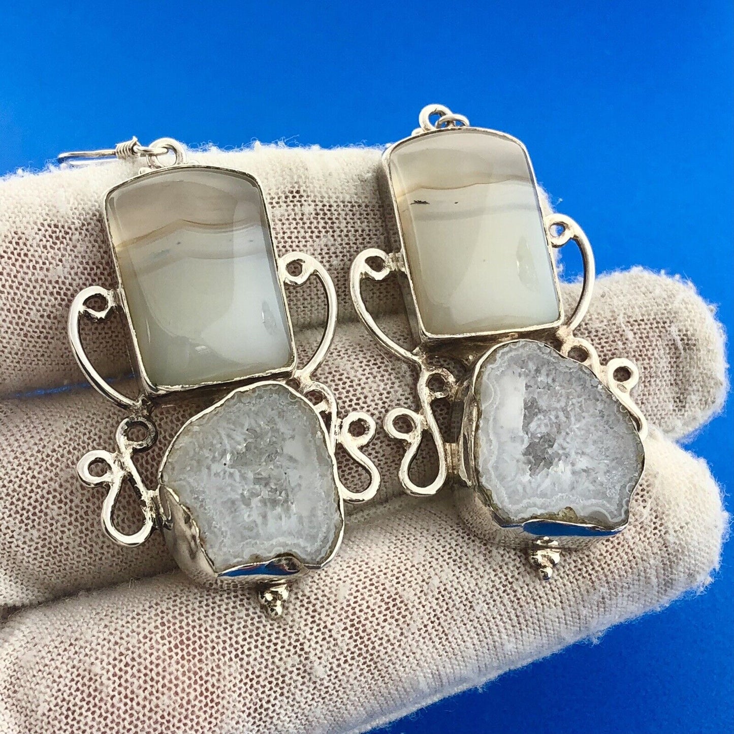 Sterling Silver 925 Banded Agate Grey Druzy Quartz Statement Dangle Earrings