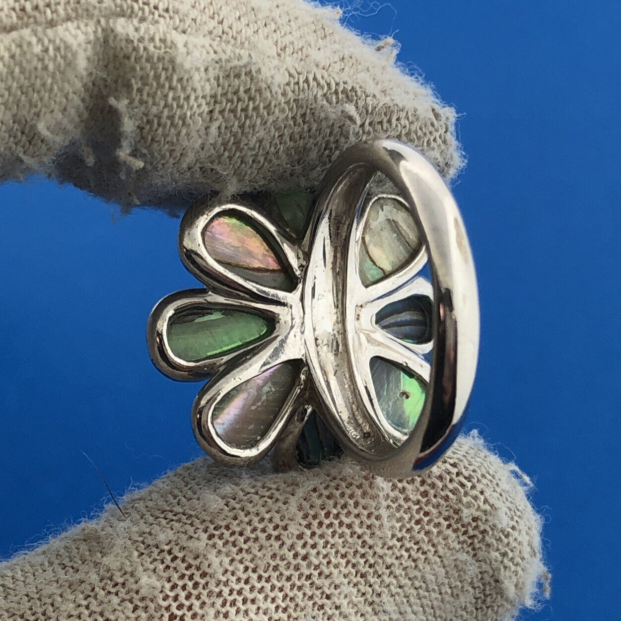 Designer KN China Sterling Silver 925 Amethyst Abalone Flower Cocktail Ring