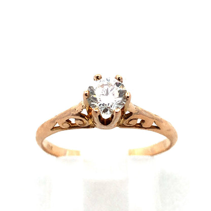 Estate 10K Yellow Gold Round Diamond Solitaire Filigree Engagement Ring