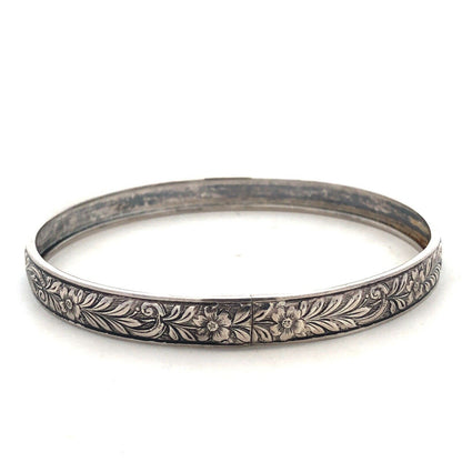 Vintage 925 Sterling Silver Floral Vine Etched Bangle Bracelet