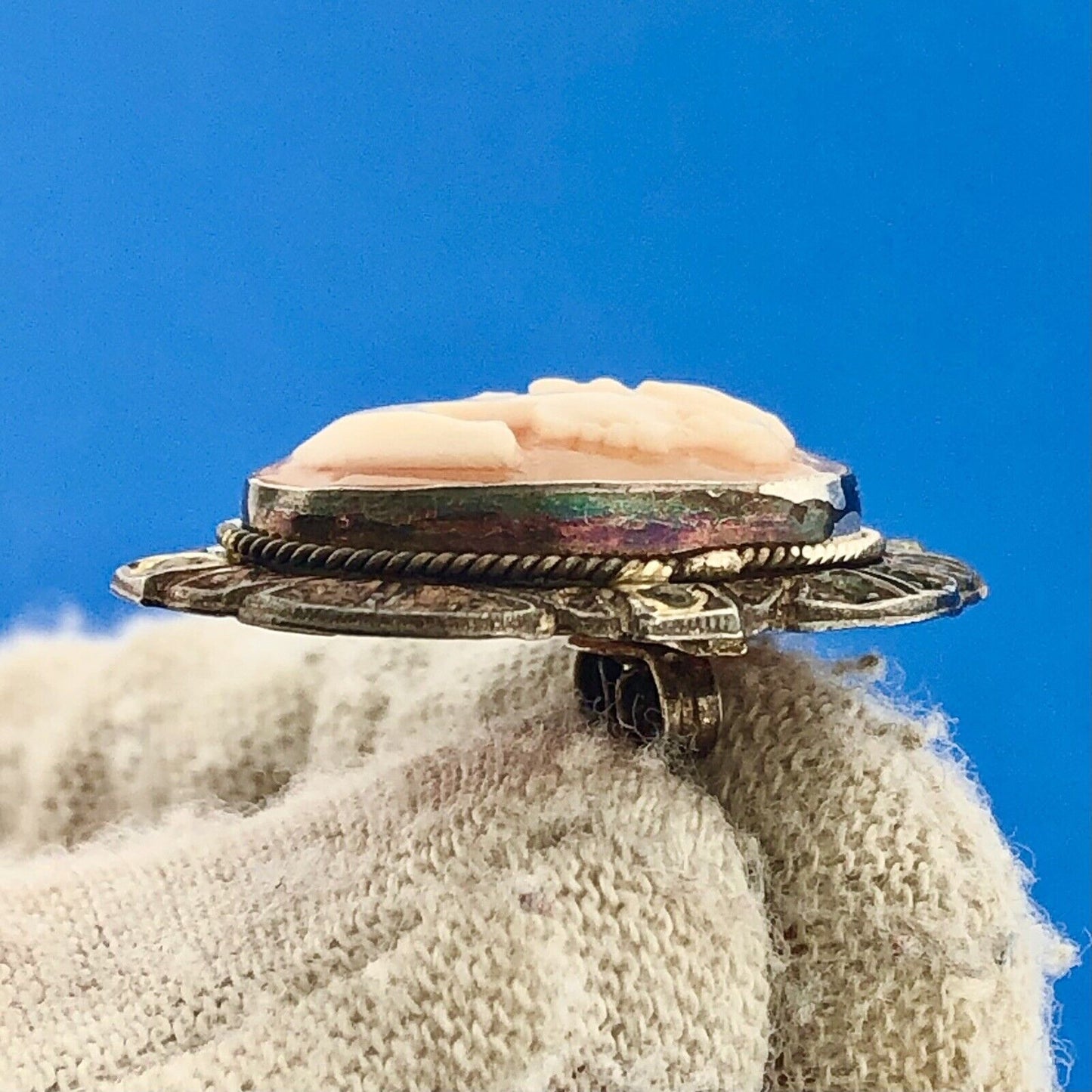 Victorian 925 Sterling Silver Carved Cameo Marcasite Statement Stud Earrings