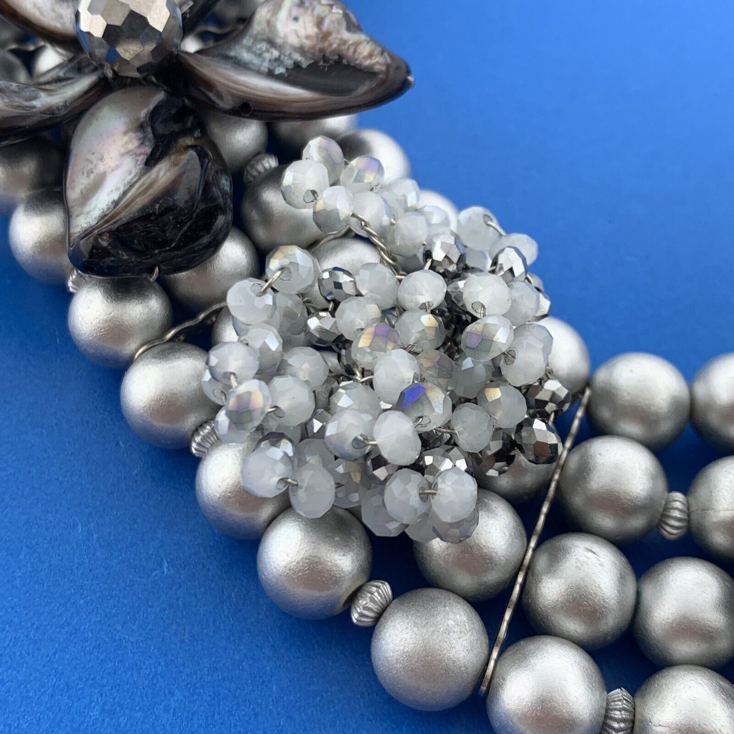 Fabulous Silver Tone Gray Faux Pearl Crystal Lucite 4 Strand Choker Necklace