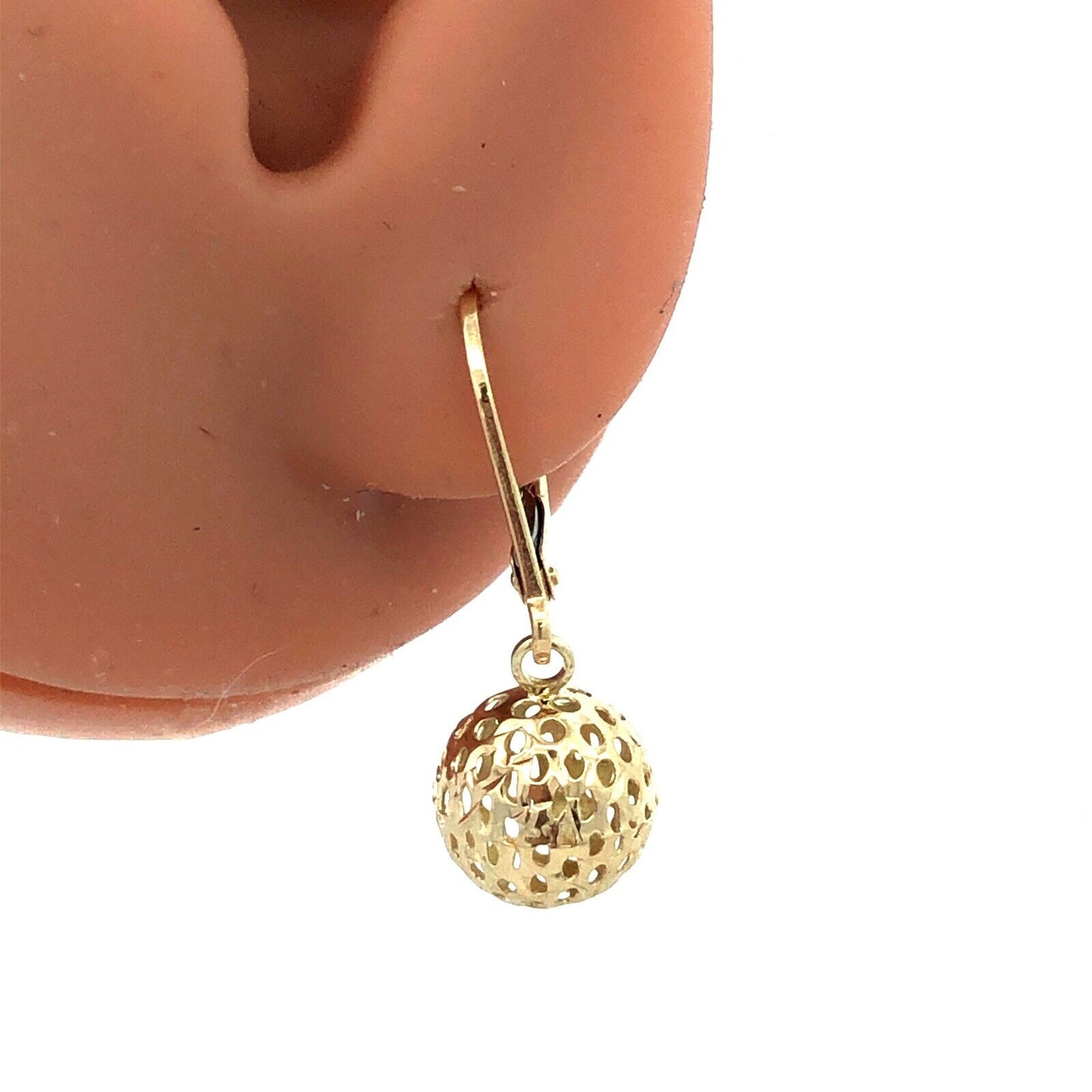 Designer RL 14K Yellow Gold Open Work Round Ball Drop Dangle Leverback Earrings