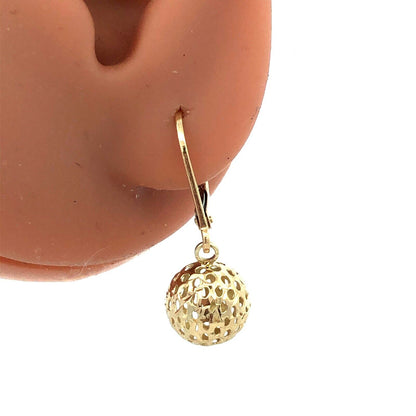 Designer RL 14K Yellow Gold Open Work Round Ball Drop Dangle Leverback Earrings