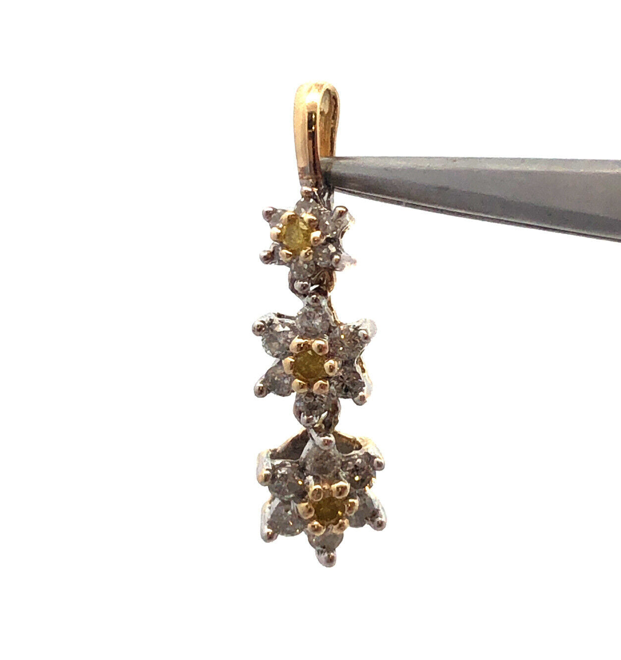 Designer HN 14K Yellow Gold White Yellow Round Diamond Flower Trio Pendant