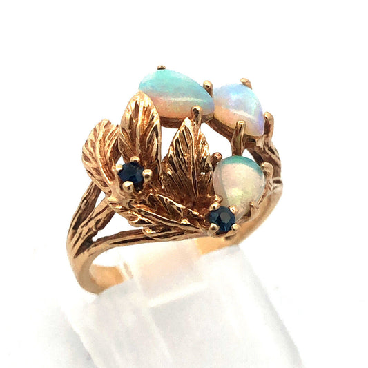 Vintage 10K Yellow Gold Opal Sapphire October Leaf Design Free Form Ring