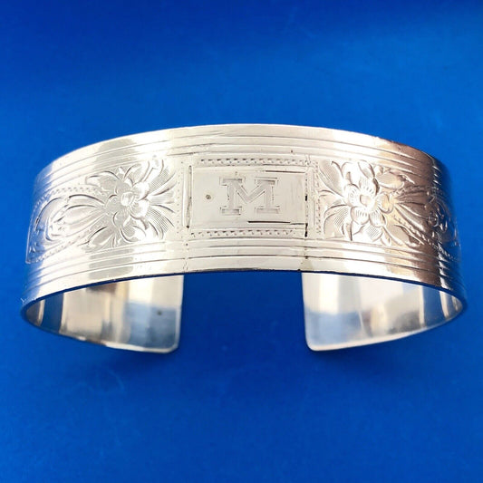 Victorian Edwardian 925 Sterling Silver Etched Floral Monogram M Cuff Bracelet