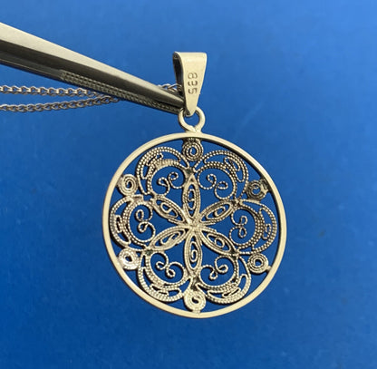 Vintage 835 Fine Silver Bead Scroll Floral Filigree Medallion Necklace