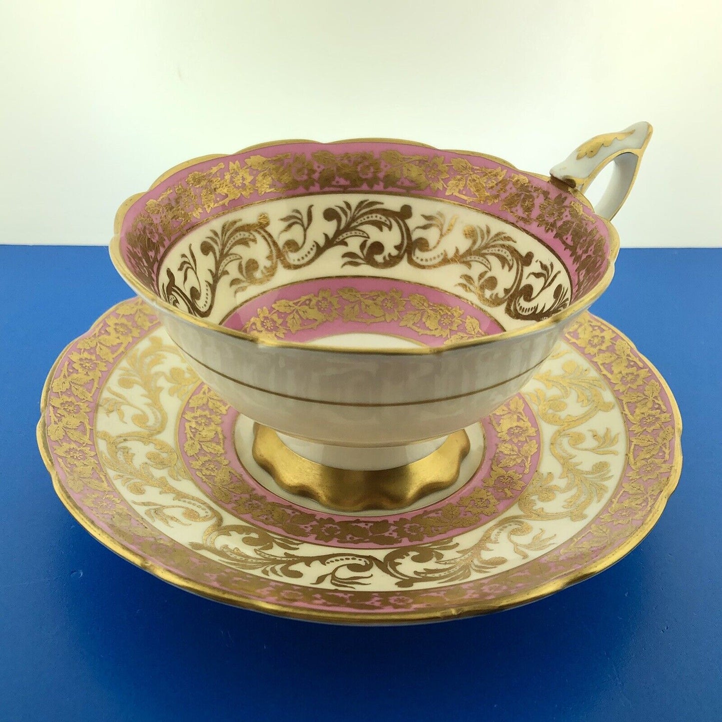 Royal Stafford English Bone China Pink Gold Floral Vine Scroll Tea Cup/Saucer