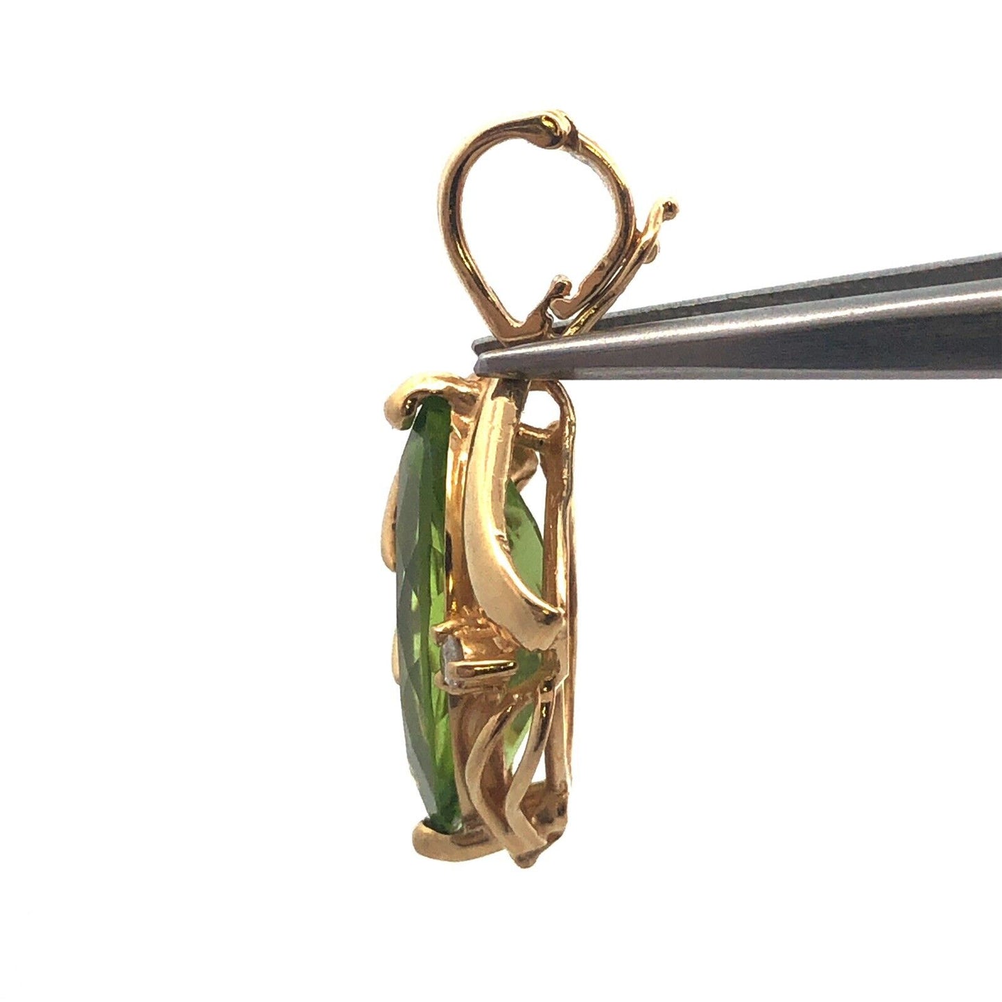 Vintage 14K Yellow Gold Marquise Peridot Round Diamond Accent Modernist Pendant