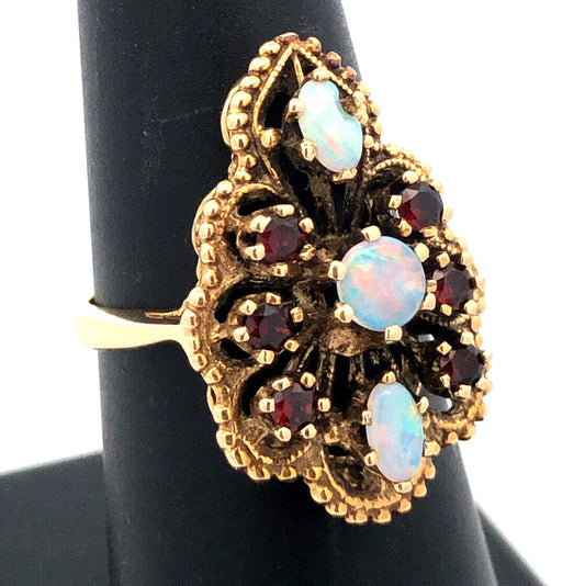 Designer Vintage SB Opal & Garnet 14K Yellow Gold Statement Ring