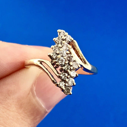 Retro 14K Yellow Gold Diamond Waterfall Cluster Bypass Anniversary Cocktail Ring