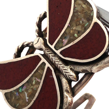 Native American Sterling Silver Coral Mother of Pearl Abalone Butterfly Bracelet