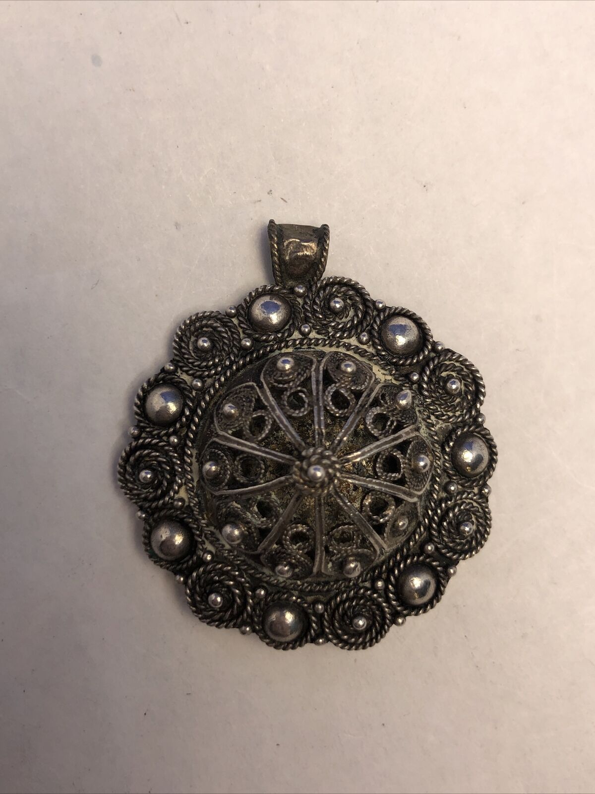 Vintage Made in Israel 935 Fine Silver Round Filigree and Scroll Pendant Brooch