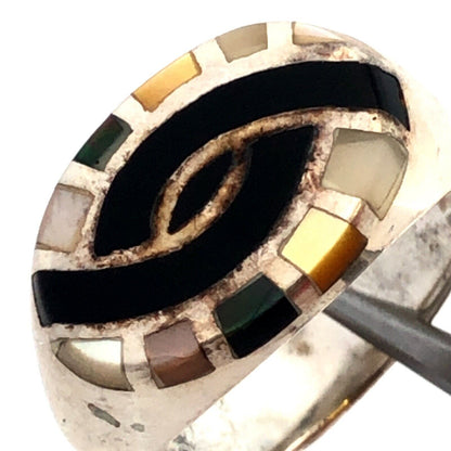 Estate 925 Sterling Silver Black Onyx Mother of Pearl Inlay Oval Signet Ring